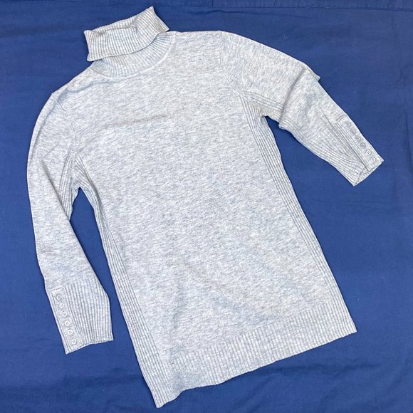 EXPRESS Classy Long Sleeve Shirt Heathered Grey Button Detail Turtleneck - Picture 2 of 12